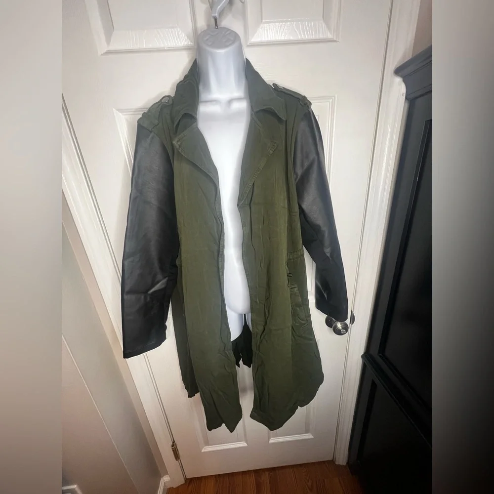 Torrid 0 Twill Canvas Drawstring Jacket Green Olive Faux Leather Sleeve L 12 - Picture 12 of 15
